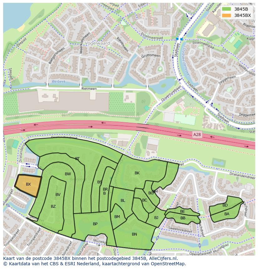 Afbeelding van het postcodegebied 3845 BX op de kaart.
