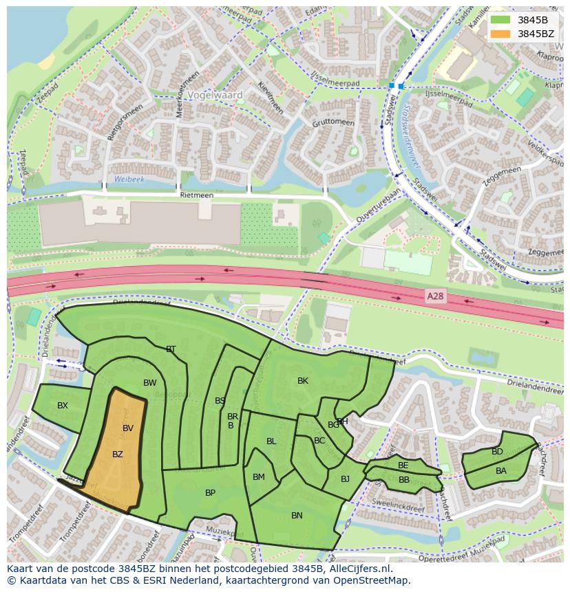 Afbeelding van het postcodegebied 3845 BZ op de kaart.