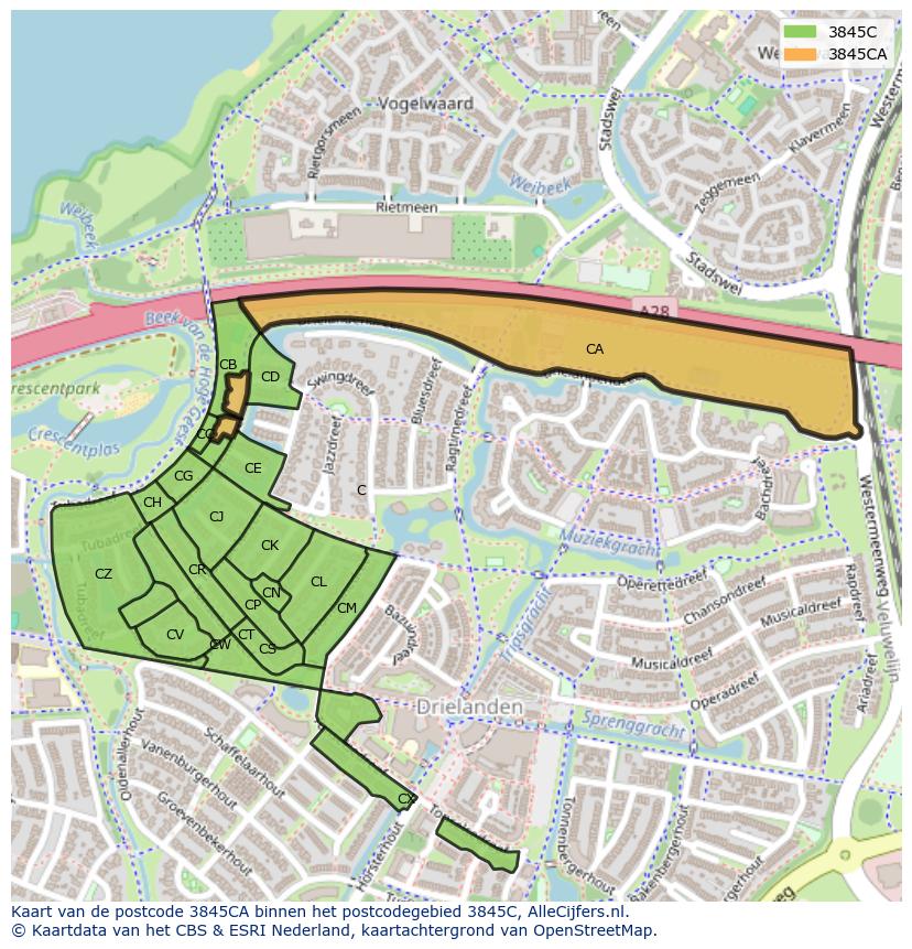 Afbeelding van het postcodegebied 3845 CA op de kaart.