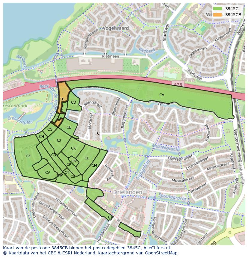 Afbeelding van het postcodegebied 3845 CB op de kaart.