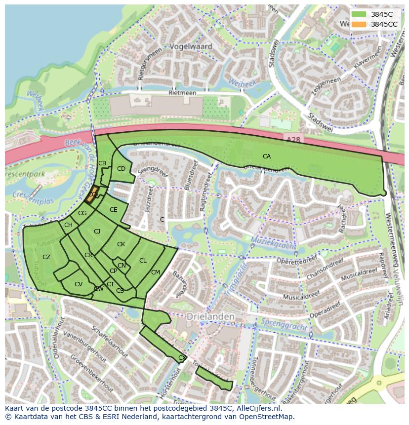 Afbeelding van het postcodegebied 3845 CC op de kaart.