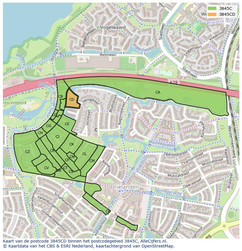 Afbeelding van het postcodegebied 3845 CD op de kaart.