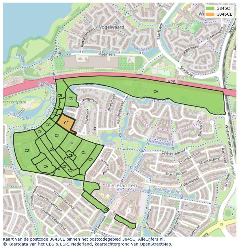 Afbeelding van het postcodegebied 3845 CE op de kaart.