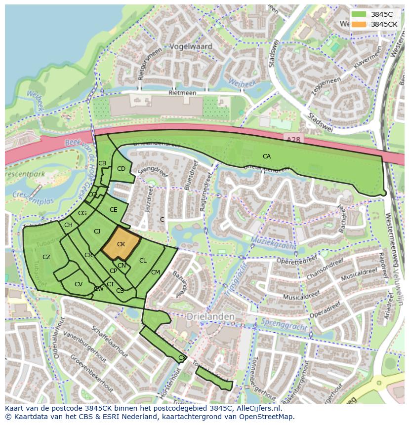 Afbeelding van het postcodegebied 3845 CK op de kaart.