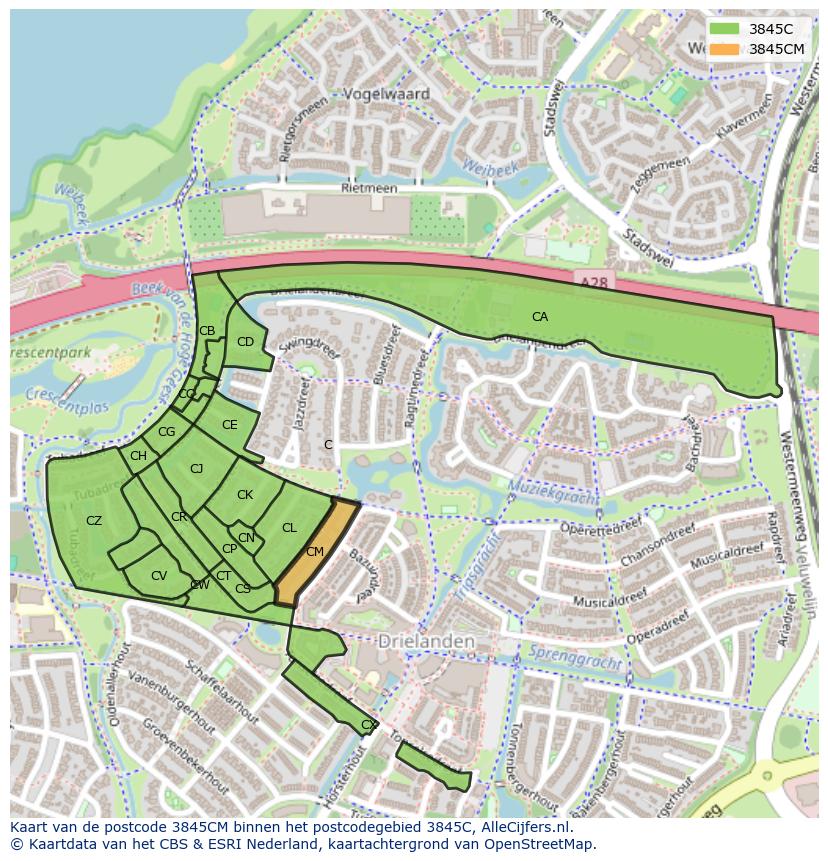 Afbeelding van het postcodegebied 3845 CM op de kaart.
