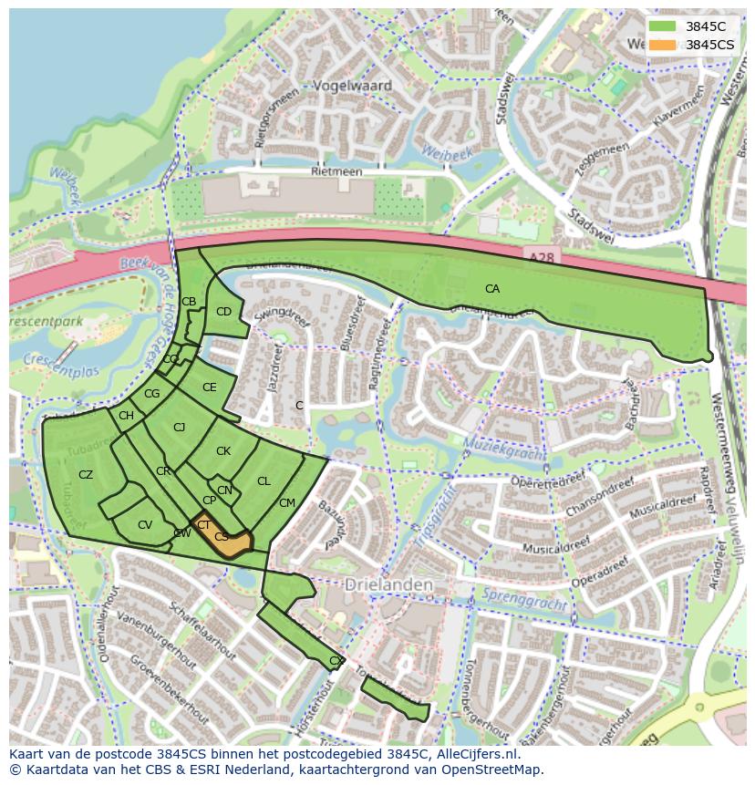 Afbeelding van het postcodegebied 3845 CS op de kaart.