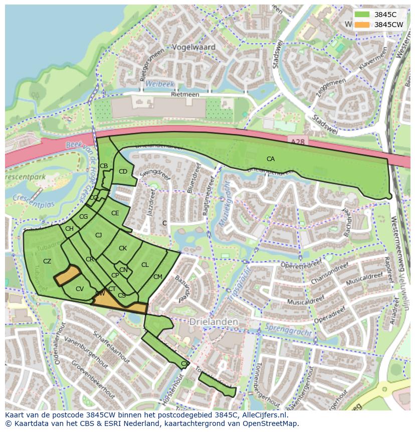 Afbeelding van het postcodegebied 3845 CW op de kaart.
