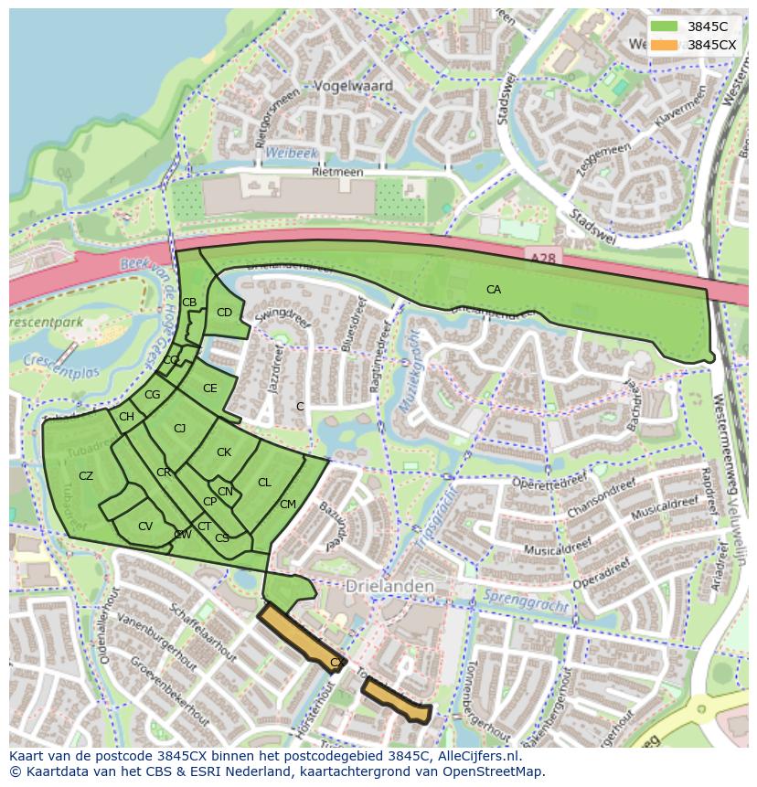 Afbeelding van het postcodegebied 3845 CX op de kaart.