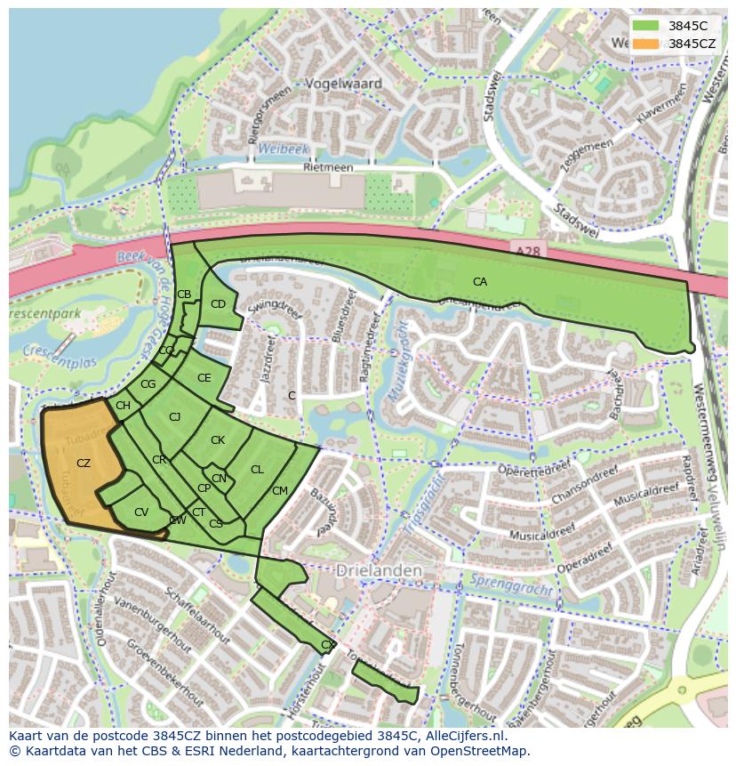 Afbeelding van het postcodegebied 3845 CZ op de kaart.
