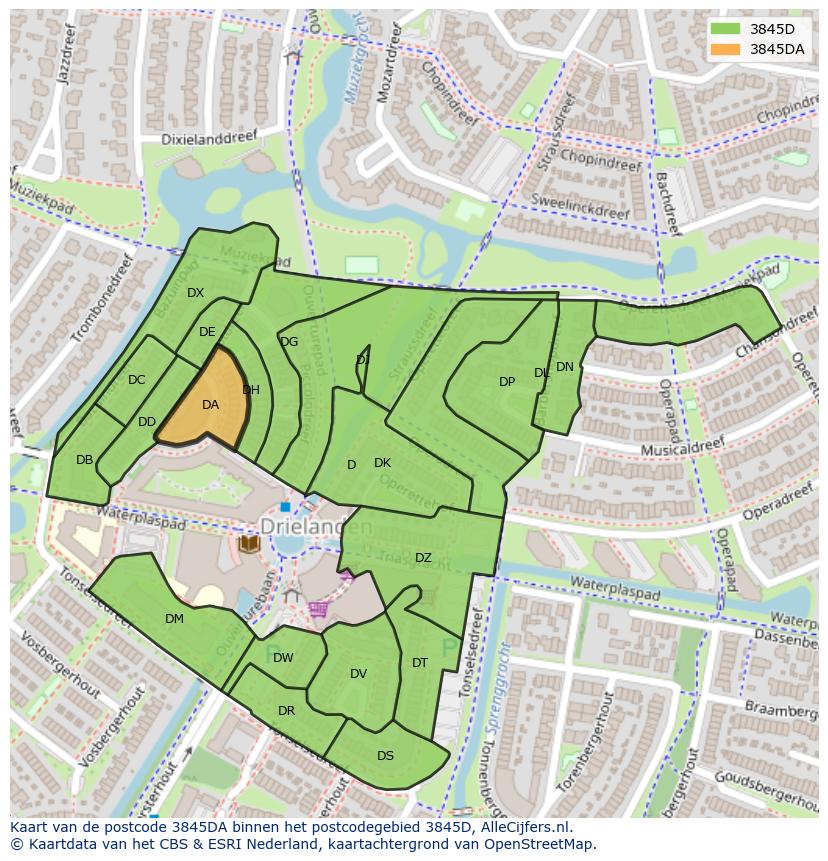 Afbeelding van het postcodegebied 3845 DA op de kaart.