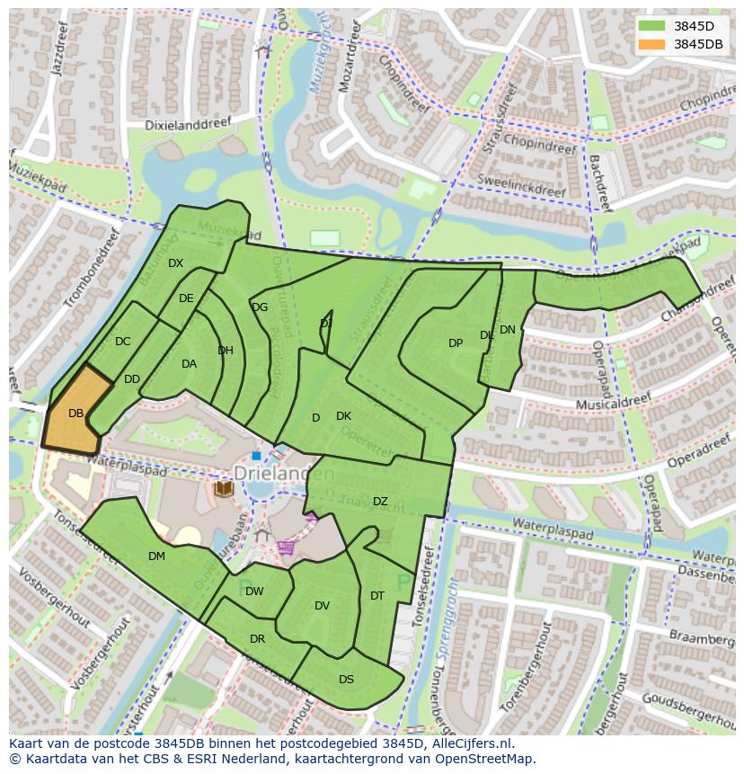 Afbeelding van het postcodegebied 3845 DB op de kaart.