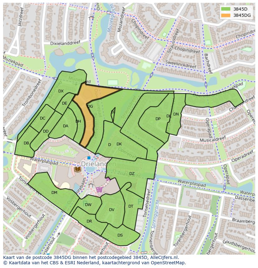 Afbeelding van het postcodegebied 3845 DG op de kaart.