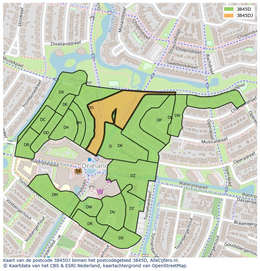 Afbeelding van het postcodegebied 3845 DJ op de kaart.
