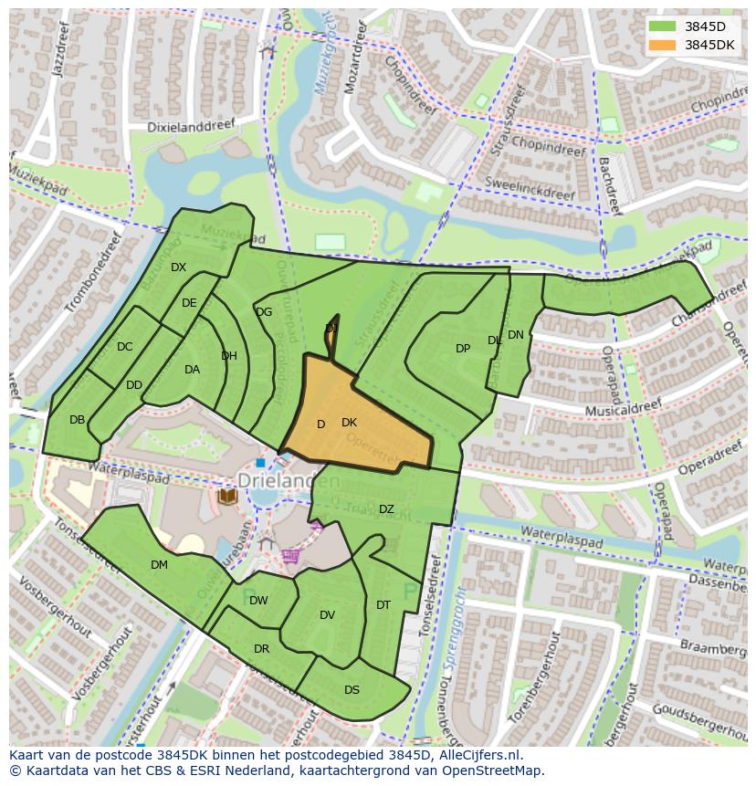 Afbeelding van het postcodegebied 3845 DK op de kaart.