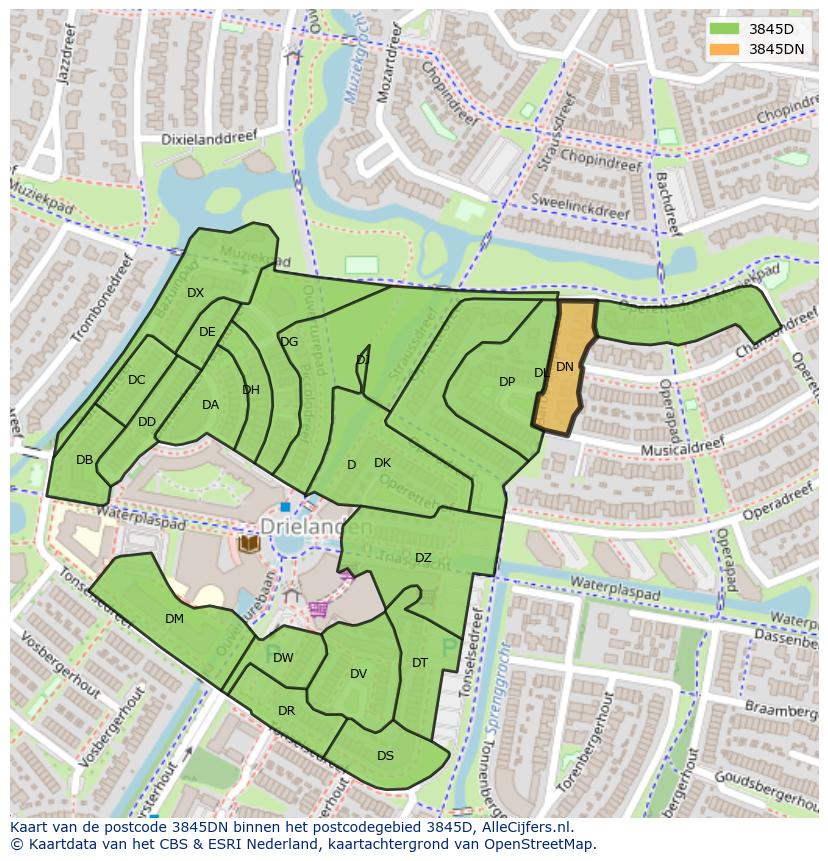 Afbeelding van het postcodegebied 3845 DN op de kaart.