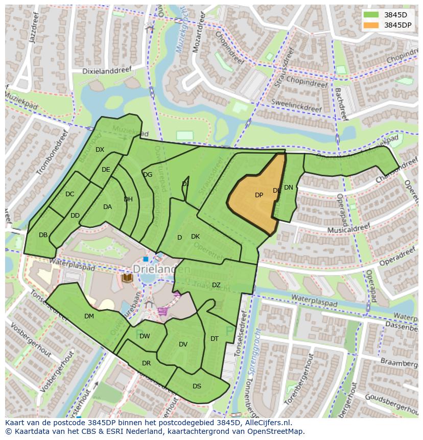 Afbeelding van het postcodegebied 3845 DP op de kaart.