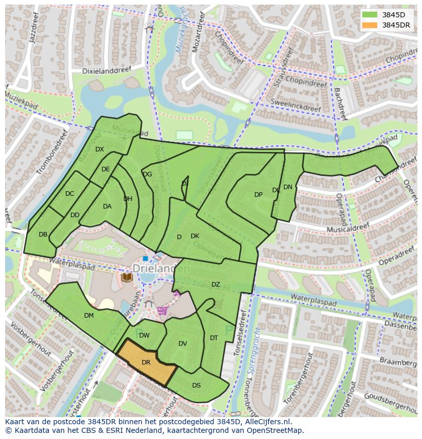 Afbeelding van het postcodegebied 3845 DR op de kaart.