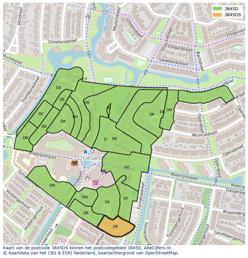 Afbeelding van het postcodegebied 3845 DS op de kaart.
