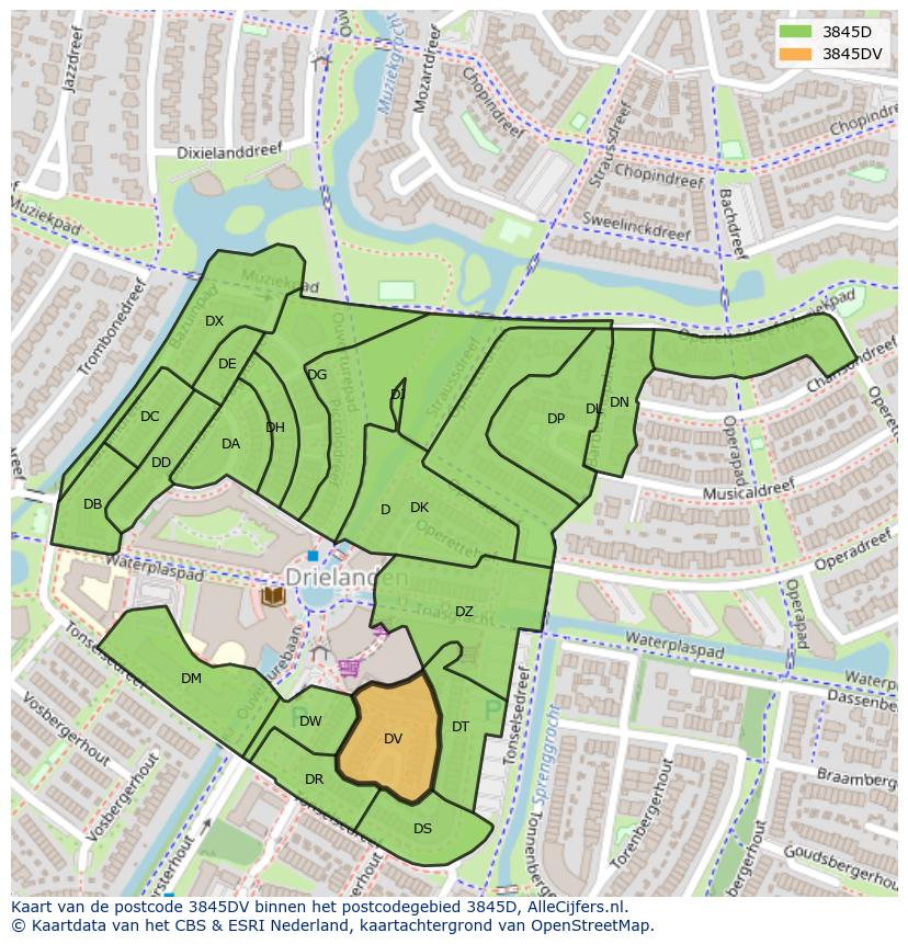 Afbeelding van het postcodegebied 3845 DV op de kaart.