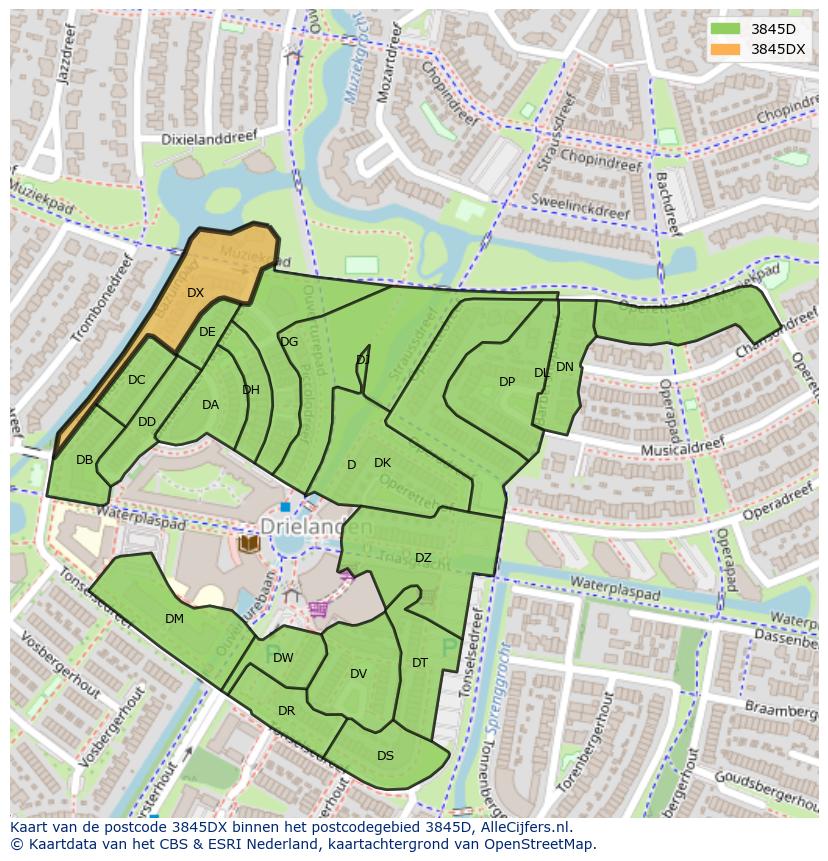 Afbeelding van het postcodegebied 3845 DX op de kaart.