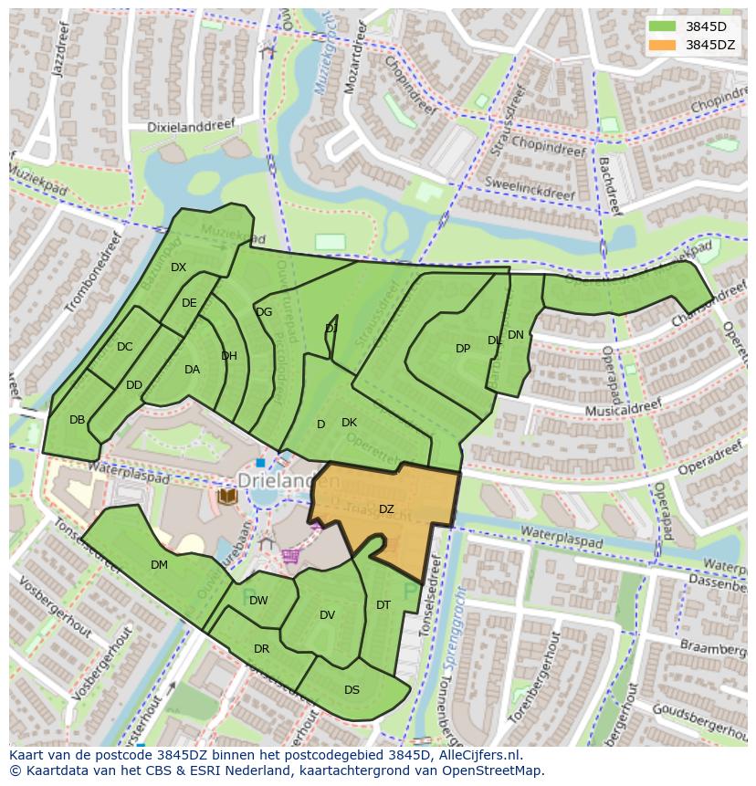 Afbeelding van het postcodegebied 3845 DZ op de kaart.