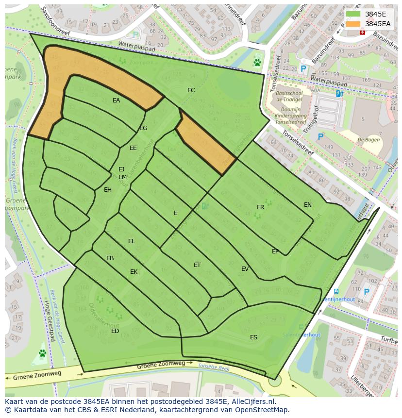 Afbeelding van het postcodegebied 3845 EA op de kaart.