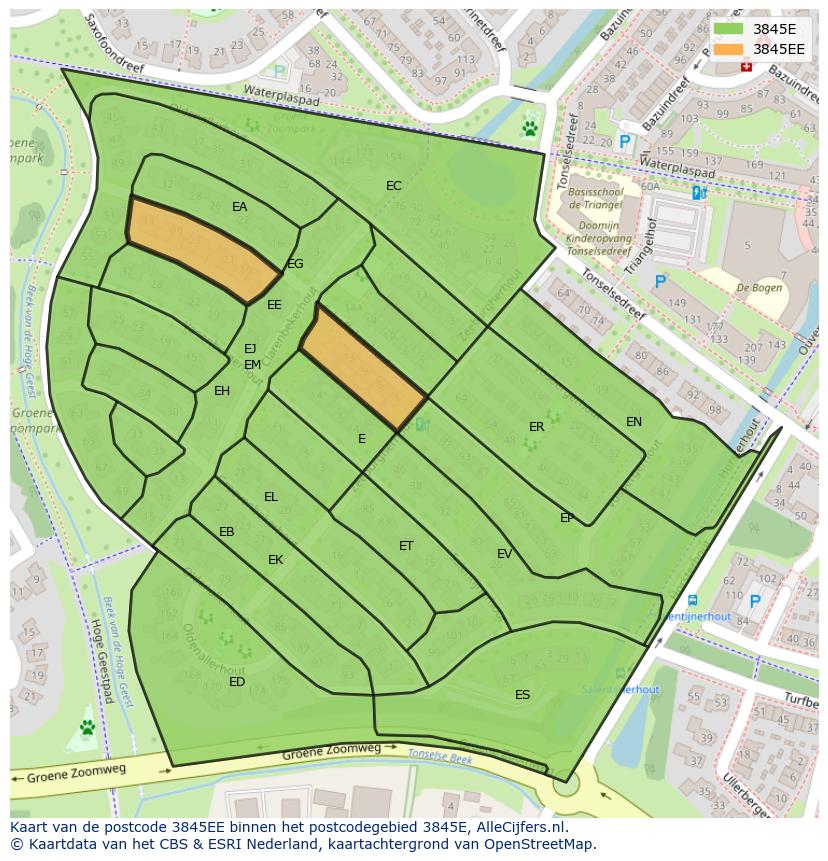Afbeelding van het postcodegebied 3845 EE op de kaart.