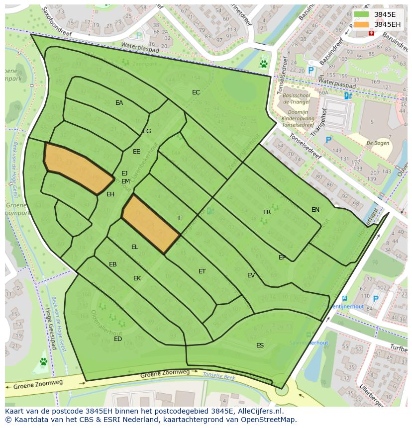 Afbeelding van het postcodegebied 3845 EH op de kaart.