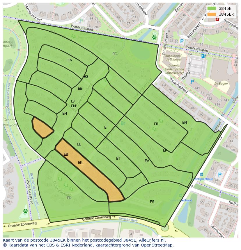 Afbeelding van het postcodegebied 3845 EK op de kaart.