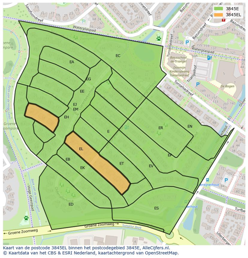 Afbeelding van het postcodegebied 3845 EL op de kaart.