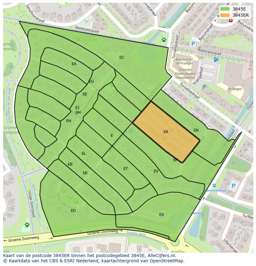 Afbeelding van het postcodegebied 3845 ER op de kaart.
