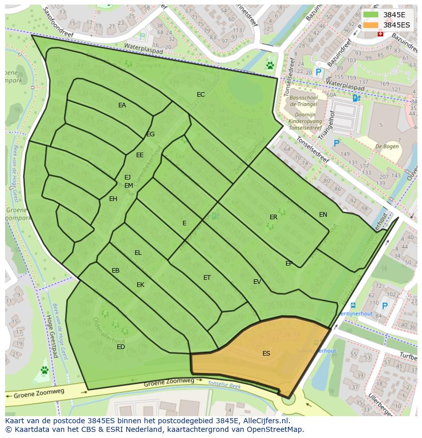 Afbeelding van het postcodegebied 3845 ES op de kaart.