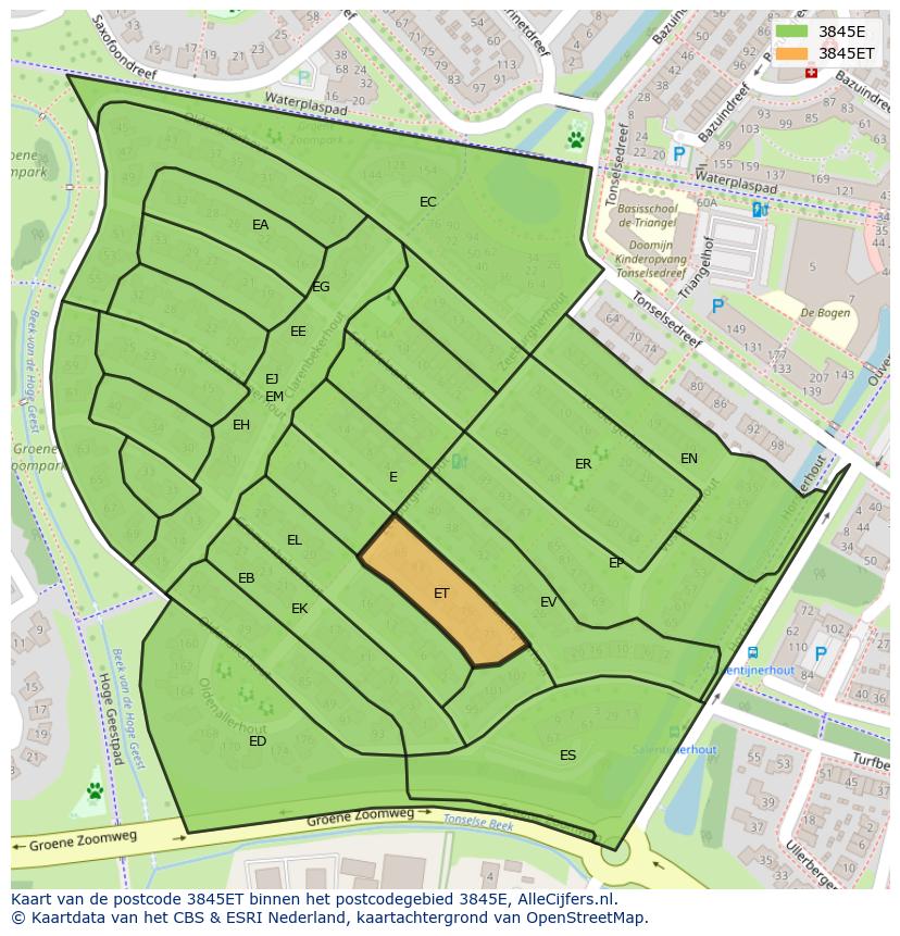 Afbeelding van het postcodegebied 3845 ET op de kaart.