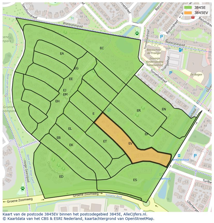 Afbeelding van het postcodegebied 3845 EV op de kaart.