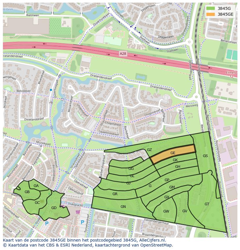 Afbeelding van het postcodegebied 3845 GE op de kaart.
