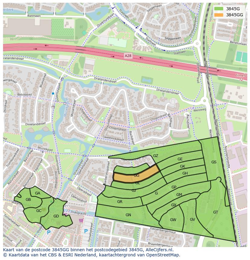 Afbeelding van het postcodegebied 3845 GG op de kaart.