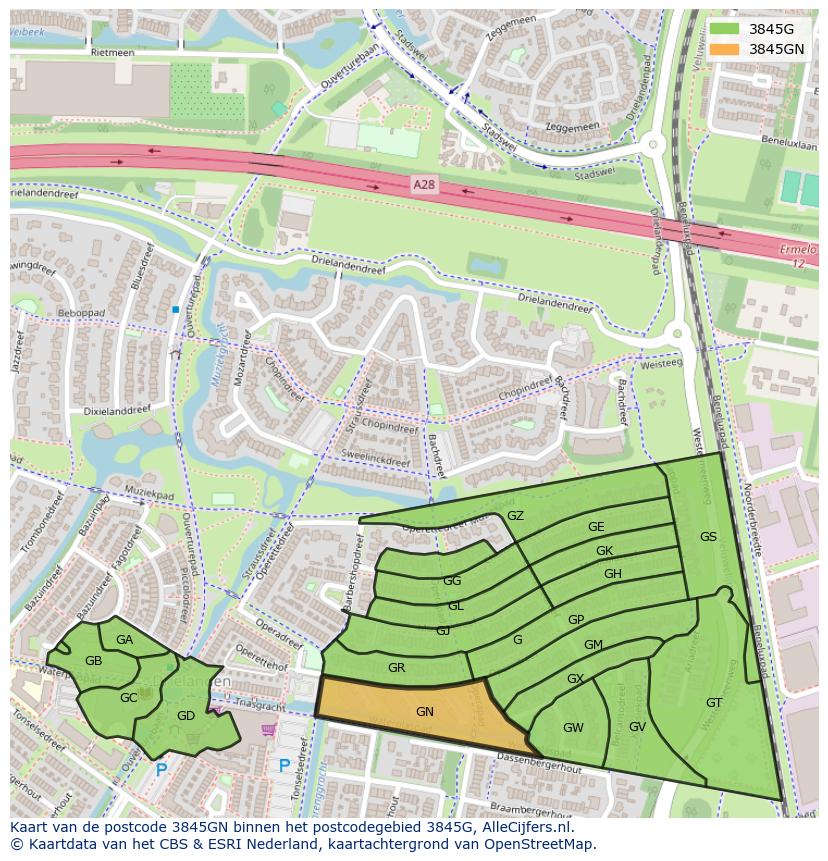 Afbeelding van het postcodegebied 3845 GN op de kaart.