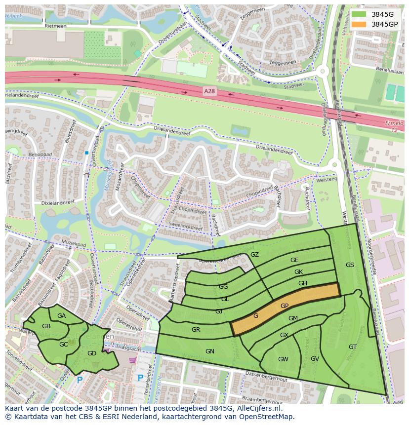 Afbeelding van het postcodegebied 3845 GP op de kaart.