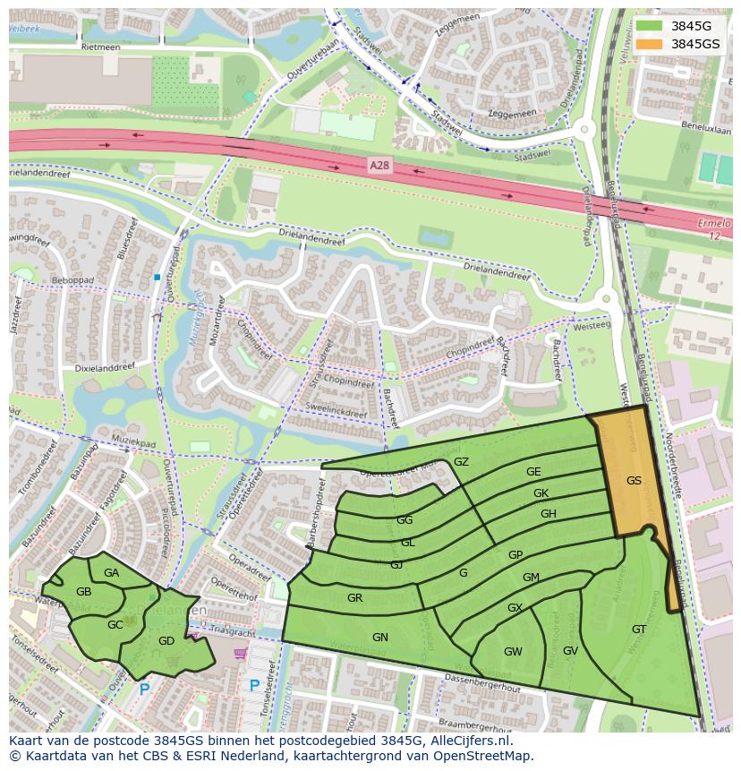 Afbeelding van het postcodegebied 3845 GS op de kaart.
