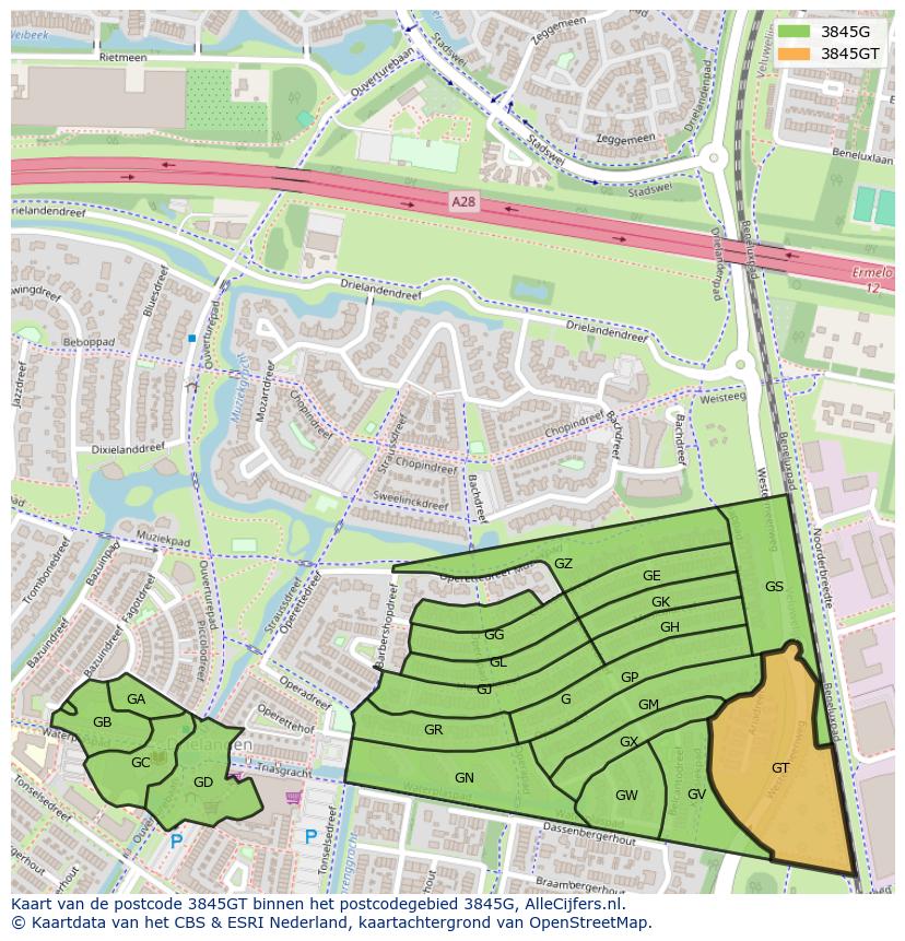 Afbeelding van het postcodegebied 3845 GT op de kaart.
