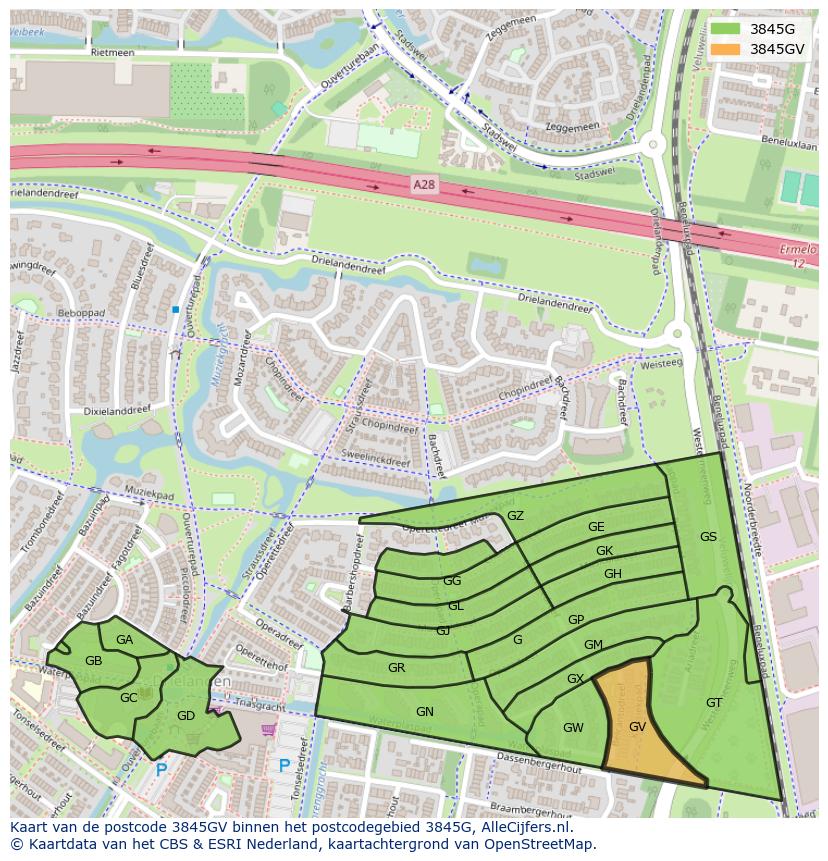 Afbeelding van het postcodegebied 3845 GV op de kaart.