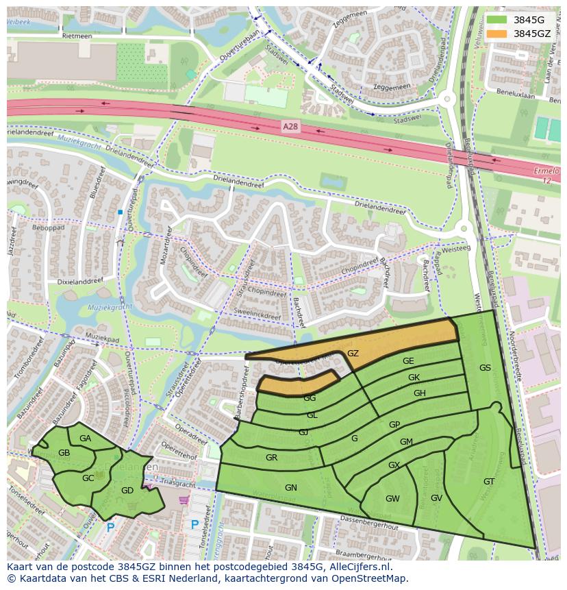 Afbeelding van het postcodegebied 3845 GZ op de kaart.