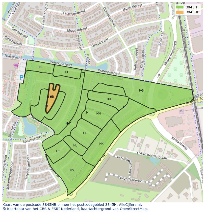 Afbeelding van het postcodegebied 3845 HB op de kaart.