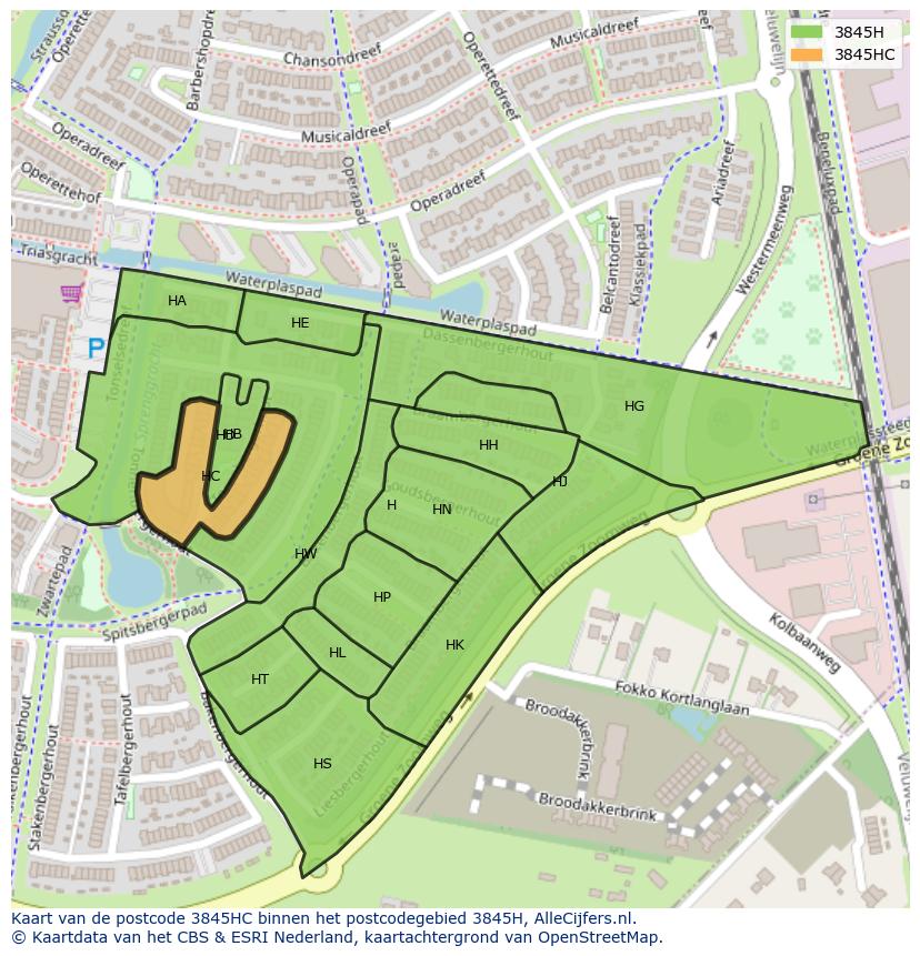 Afbeelding van het postcodegebied 3845 HC op de kaart.
