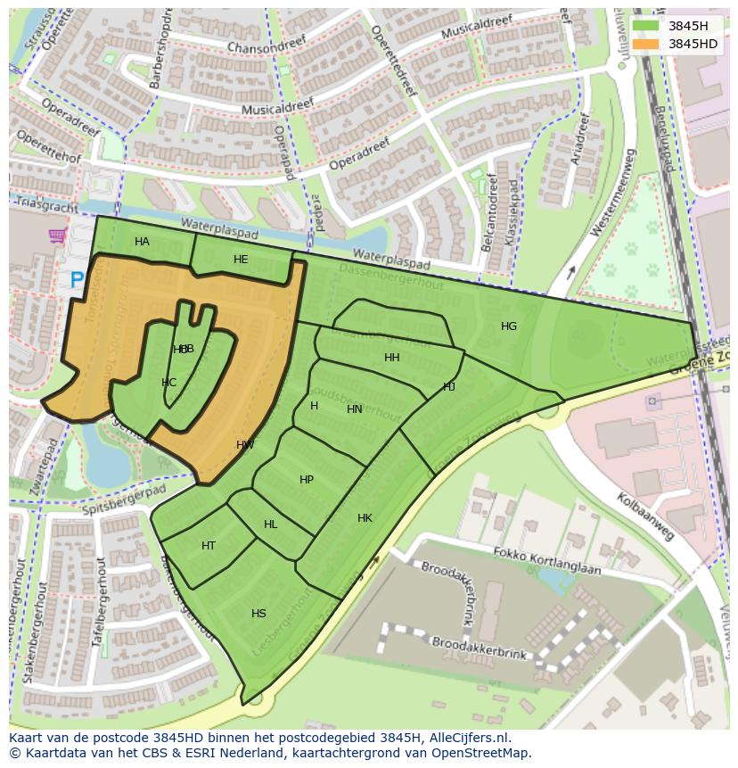 Afbeelding van het postcodegebied 3845 HD op de kaart.