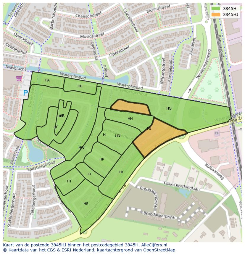 Afbeelding van het postcodegebied 3845 HJ op de kaart.