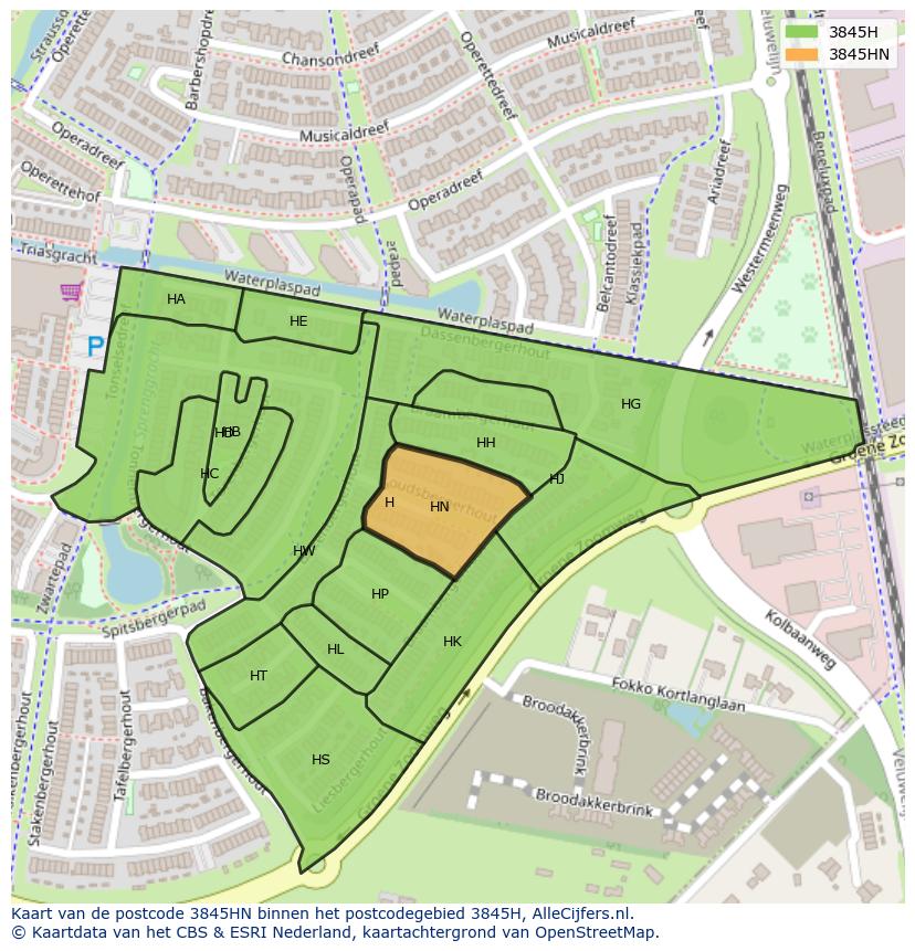 Afbeelding van het postcodegebied 3845 HN op de kaart.
