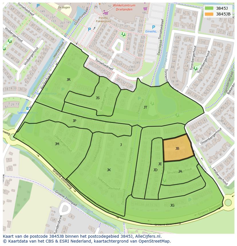 Afbeelding van het postcodegebied 3845 JB op de kaart.