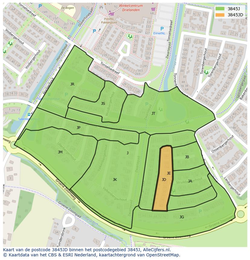Afbeelding van het postcodegebied 3845 JD op de kaart.