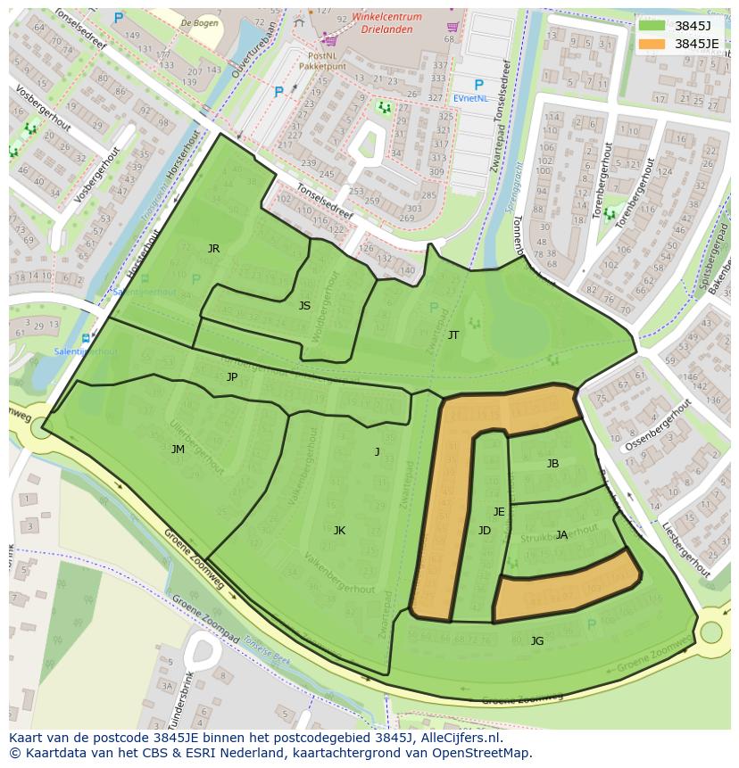 Afbeelding van het postcodegebied 3845 JE op de kaart.